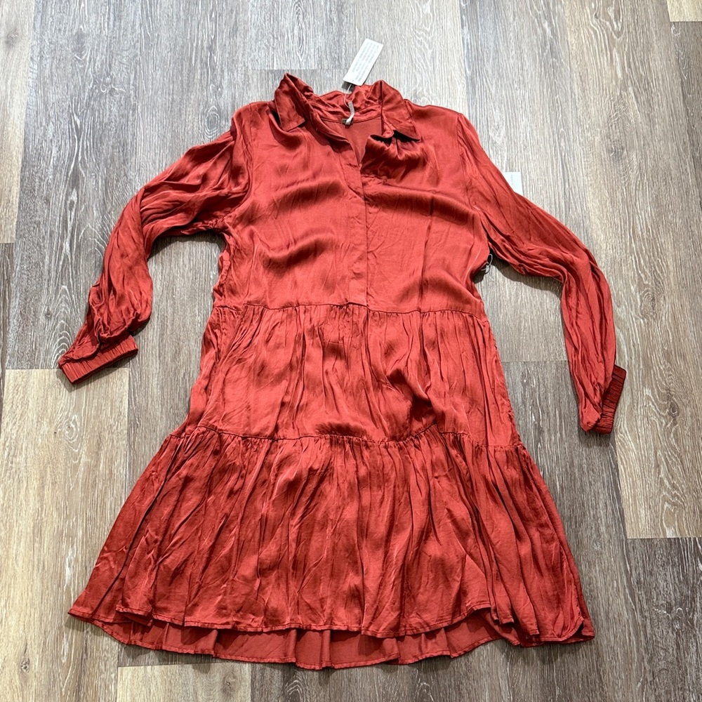 NWT YFB Rust Satin Tiered Shirt Dress Long Sleeve Boho Size S